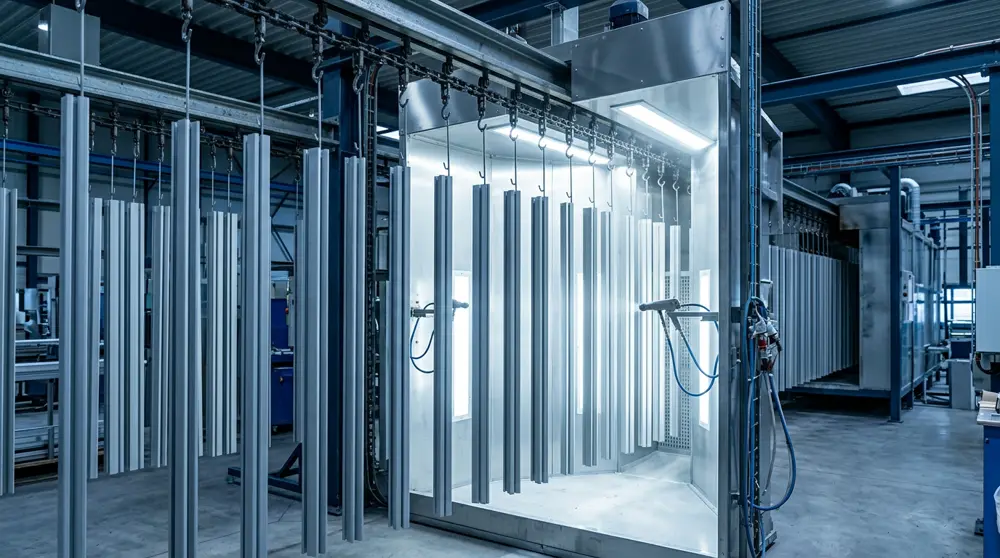 Aluminum profiles hanging vertically on a powder coating line