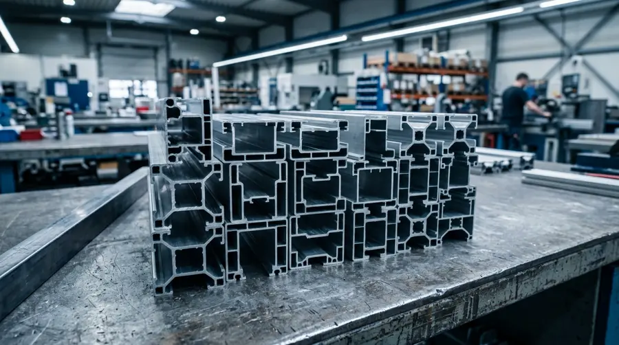 Complex cross-section aluminum extrusion profiles stacked on a factory workbench