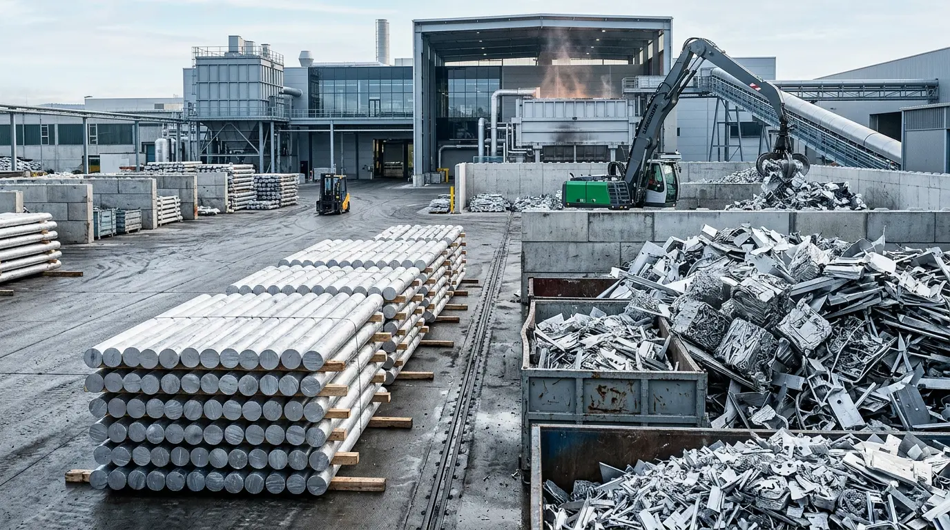 Stacks of recycled aluminum billets ready for remelting